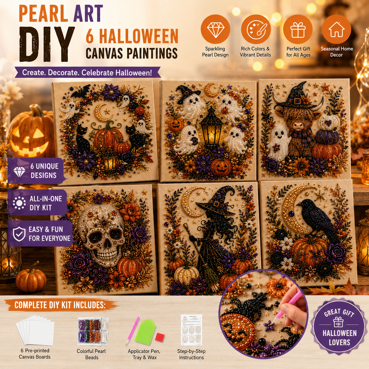 💥 Last Day 49% OFF – 👻✨ Halloween Pearl Art DIY Kit – Turn Tiny Pearls into Spooky-Cute Magic